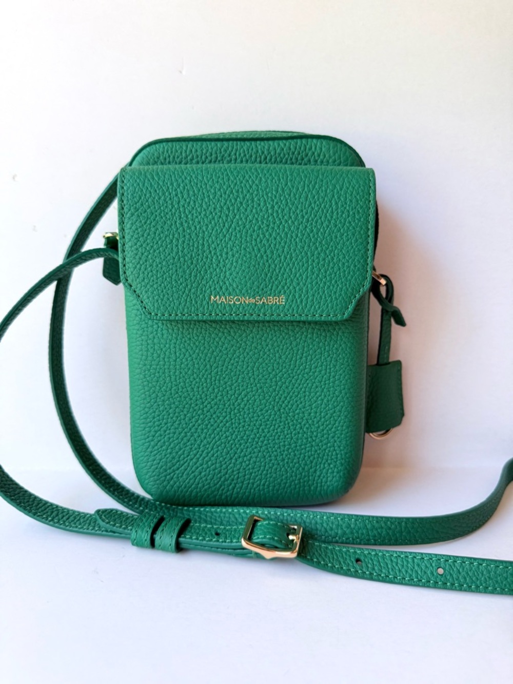 Maison de Sabre The Zipped Phone Pouch Crossbody Bag Emerald Green Leather - Picture 12 of 15
